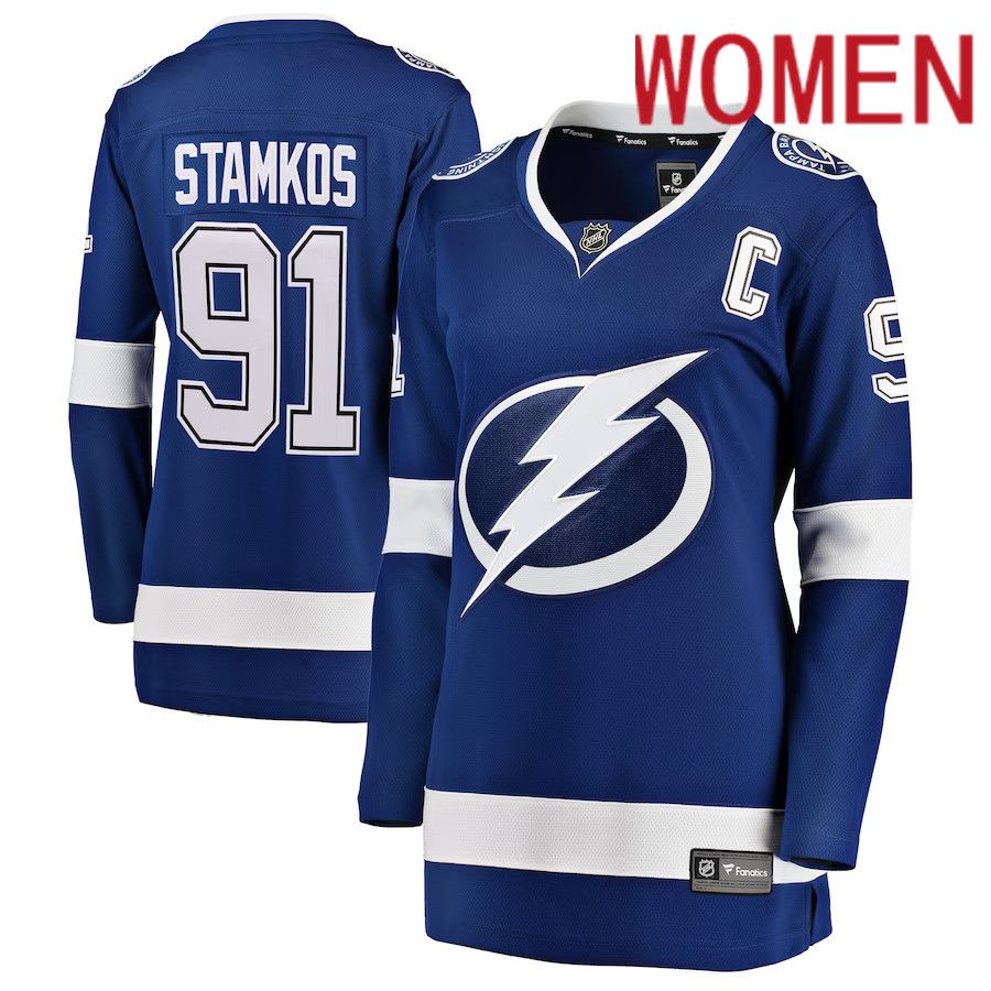 Women Tampa Bay Lightning 91 Steven Stamkos Fanatics Branded Blue Home Breakaway Player NHL Jersey